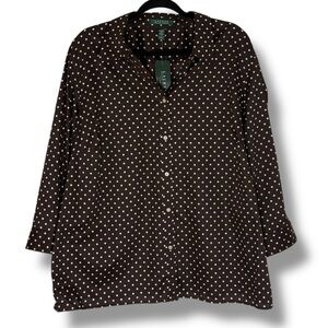Lauren Ralph Lauren Brown Polka Dot 3/4 Sleeve Button Front Top Size 3X NWT